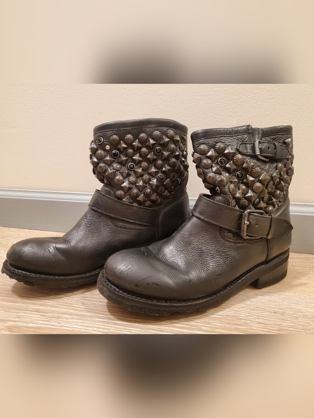ASH Black Studded Moto Boots Womens Size 38.5